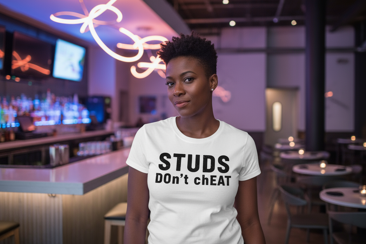 Person wearing a white t-shirt with 'STUDS DON'T CHEAT' text in a bar setting