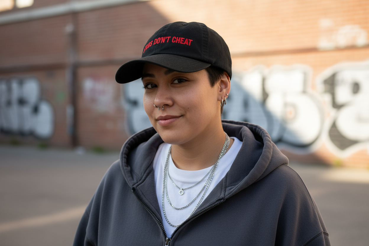 generate an masculine presenting asian american woman wearing the hat