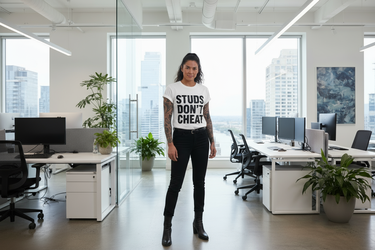 keep the image. Generate the woman wearing a white shirt that states STUDS DOn't chEAT.