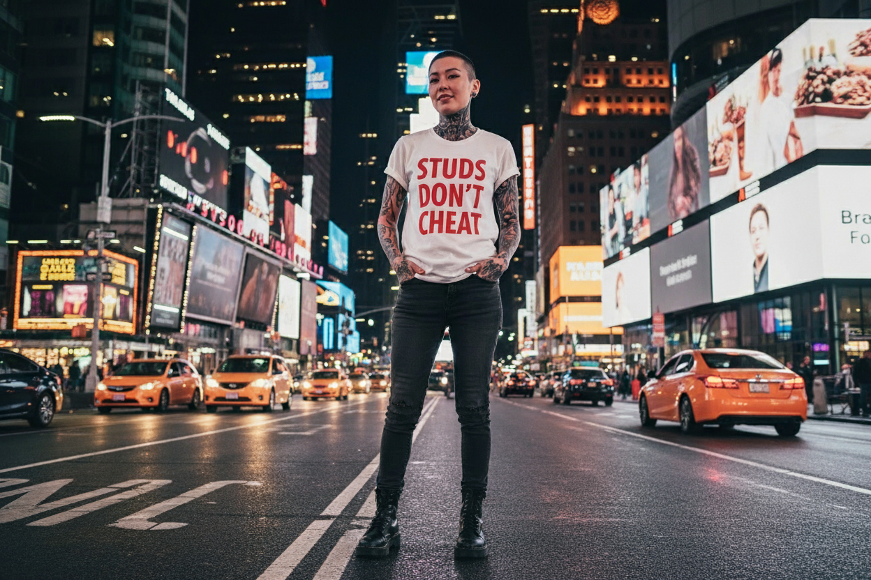 Please keep the picture as is. Change the tshirt to read specifically as STUDS DOn't chEAT.