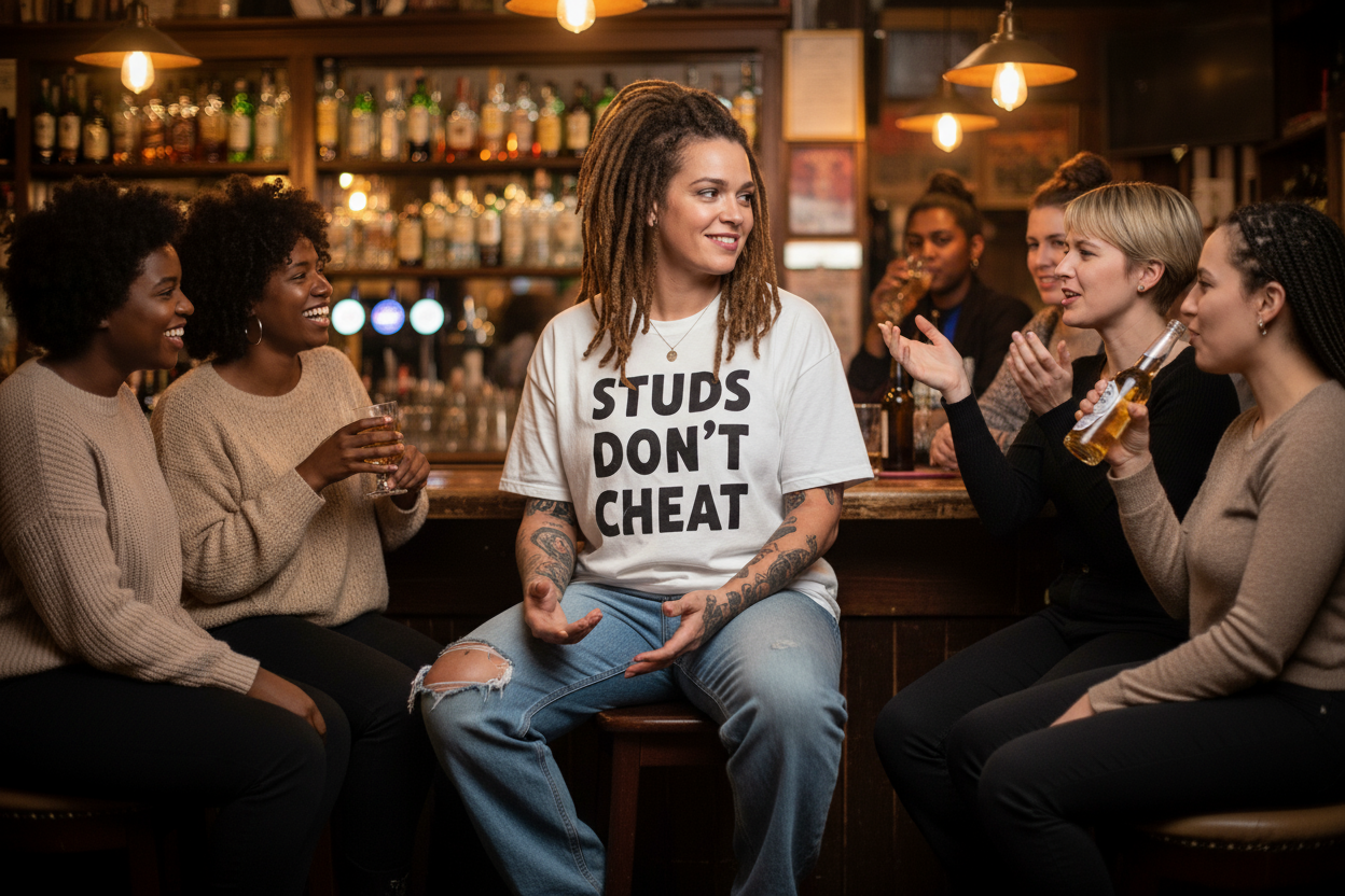 the person wearing the STUDS DOn't chEAT tshirt needs to be a masculine presenting woman with dreadlocks and tattoos