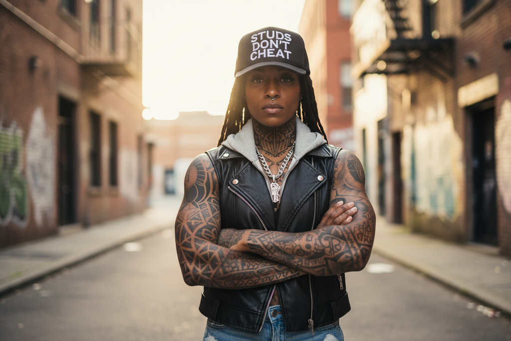 Model wearing a black STUDS DON'T CHEAT trucker hat, lifestyle photo 1
