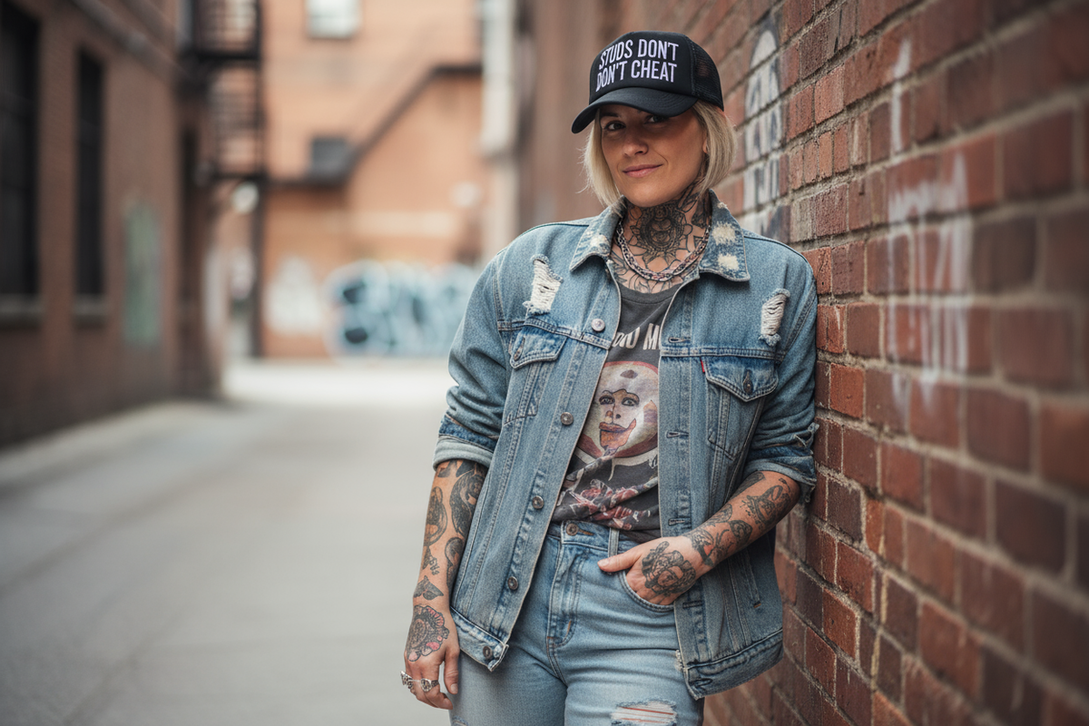 Model wearing a black STUDS DON'T CHEAT trucker hat, lifestyle photo 2