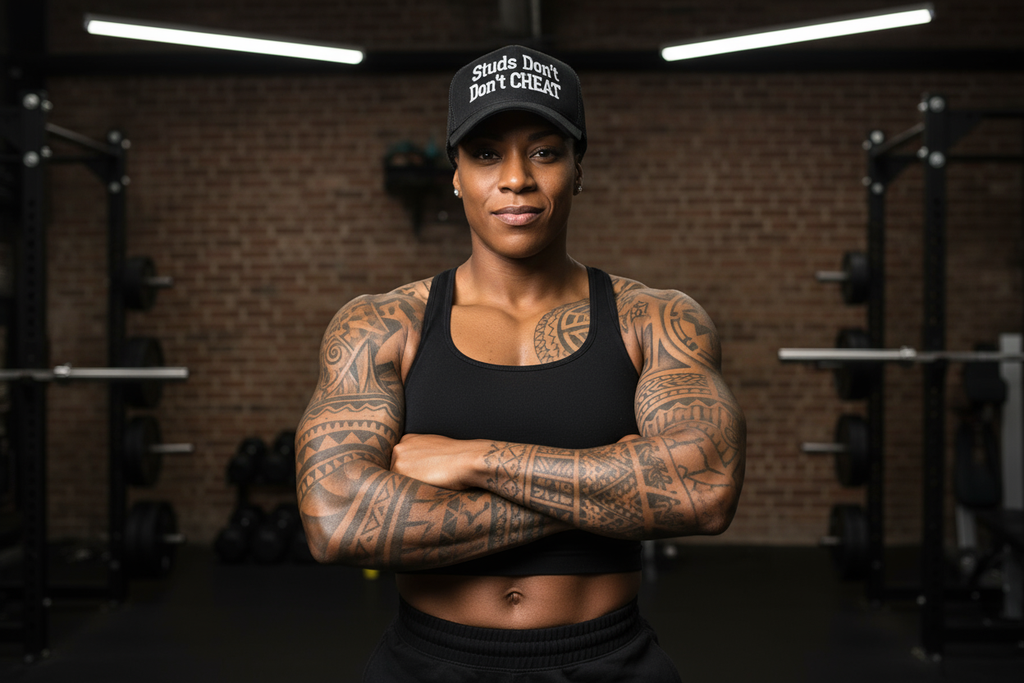 Model wearing a black STUDS DON'T CHEAT trucker hat, lifestyle photo 3