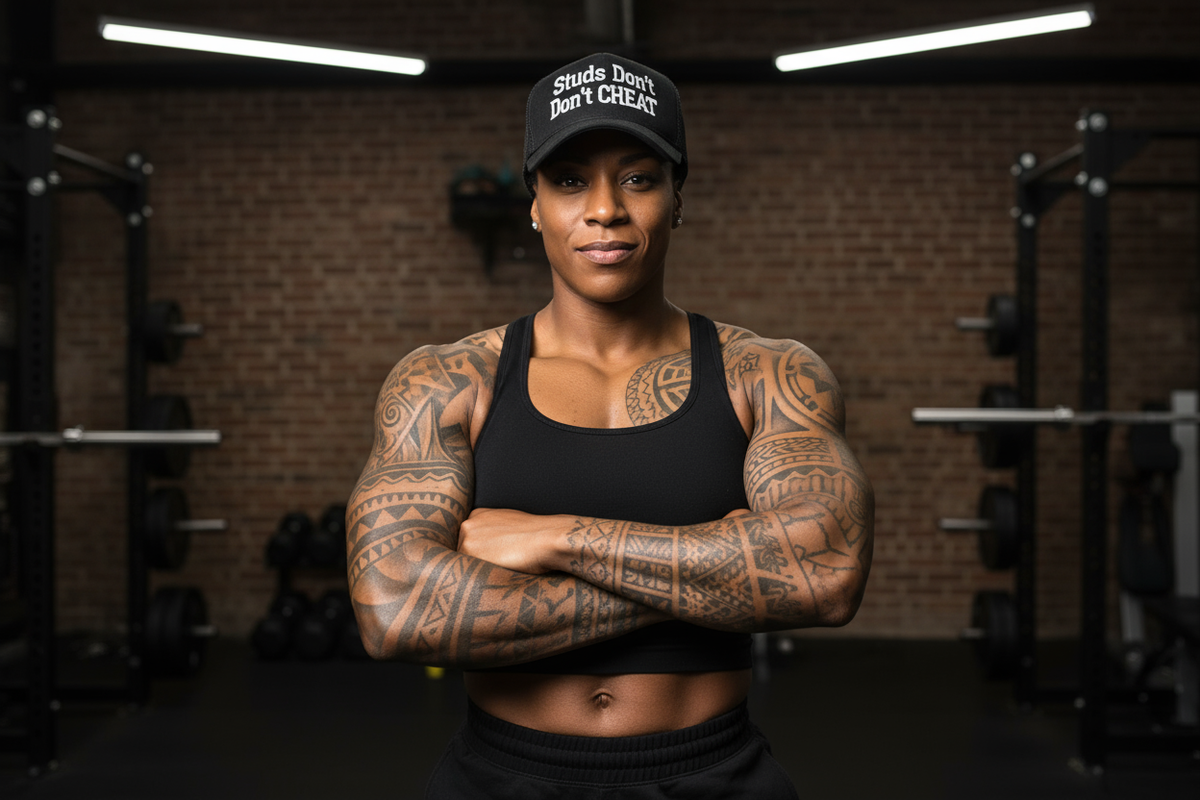 Model wearing a black STUDS DON'T CHEAT trucker hat, lifestyle photo 3